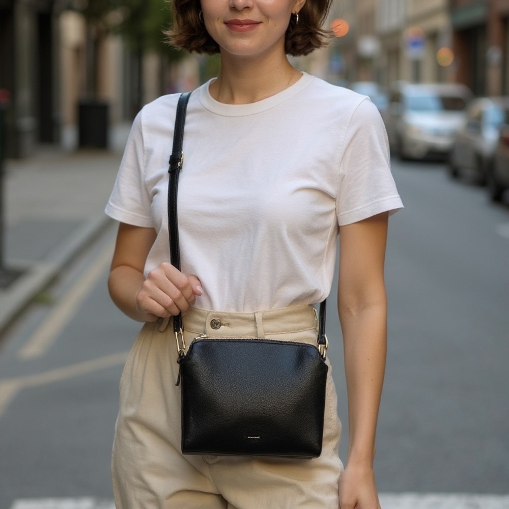 Elegant Black Leather Crossbody Bag a new day